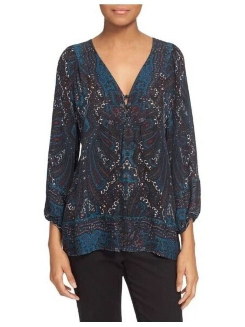 JOIE Deep Marine Teal Blue Amatite B Paisley Silk Blouse Top